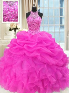 Designer Organza High-neck Sleeveless Lace Up Beading and Pick Ups Sweet 16 Quinceanera Dress in Hot Pink