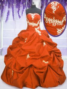 Orange Red Lace Up Strapless Appliques and Pick Ups Quinceanera Gowns Taffeta Sleeveless