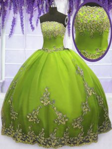 Olive Green Zipper Strapless Appliques Quinceanera Dresses Tulle Sleeveless