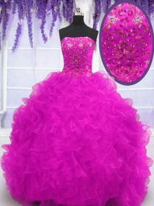 Strapless Sleeveless Organza Sweet 16 Dresses Beading and Appliques and Ruffles Brush Train Lace Up