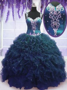 Floor Length Navy Blue Ball Gown Prom Dress Straps Sleeveless Zipper