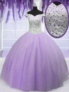 Off The Shoulder Short Sleeves Tulle Quinceanera Gown Beading Lace Up