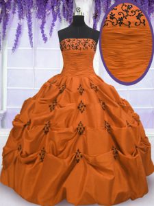 Strapless Sleeveless Quinceanera Dresses Floor Length Embroidery and Pick Ups Orange Red Taffeta