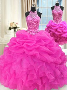 Sexy Three Piece Pick Ups High-neck Sleeveless Lace Up Vestidos de Quinceanera Hot Pink Organza