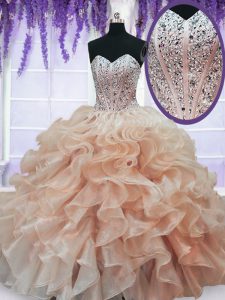 Peach Sweetheart Neckline Beading and Ruffles Quinceanera Dresses Sleeveless Lace Up