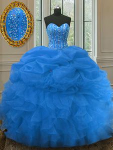 Fashionable Beading and Ruffles and Pick Ups Sweet 16 Dress Blue Lace Up Sleeveless Floor Length