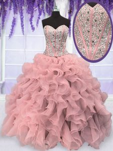Popular Sweetheart Sleeveless Organza 15 Quinceanera Dress Beading and Ruffles Lace Up