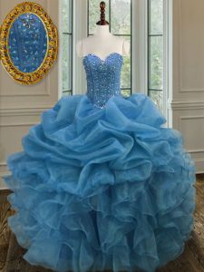 Top Selling Ball Gowns 15 Quinceanera Dress Blue Sweetheart Organza Sleeveless Floor Length Lace Up