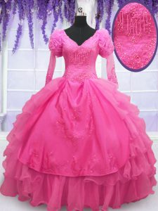Hot Pink Long Sleeves Beading and Embroidery and Hand Made Flower Floor Length Sweet 16 Quinceanera Dress