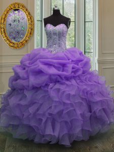 Fantastic Lavender Quinceanera Gown Military Ball and Sweet 16 and Quinceanera and For with Beading and Pick Ups Sweetheart Sleeveless Lace Up