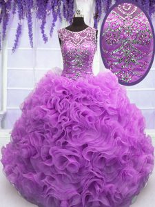 Scoop Floor Length Lace Up Vestidos de Quinceanera Lilac for Military Ball and Sweet 16 and Quinceanera with Beading and Ruffles