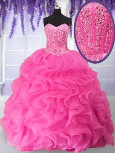 Flirting Hot Pink Sleeveless Floor Length Beading and Ruffles Lace Up Sweet 16 Dress