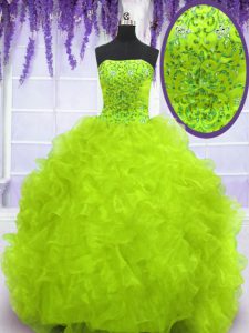 Fitting Sleeveless With Train Beading and Appliques and Ruffles Lace Up Sweet 16 Dresses with Yellow Green Brush Train