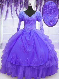Purple Ball Gowns Organza V-neck Long Sleeves Beading and Embroidery and Hand Made Flower Floor Length Lace Up Ball Gown Prom Dress
