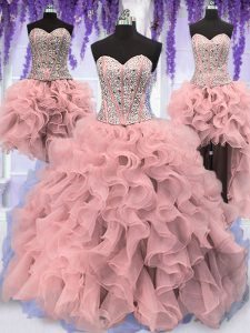 Hot Sale Four Piece Pink Lace Up Sweetheart Ruffles and Sequins Quince Ball Gowns Organza Sleeveless