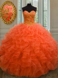Fashion Sweetheart Sleeveless Lace Up Quince Ball Gowns Orange Red Organza