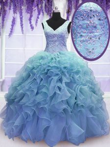 Blue Sleeveless Beading and Embroidery and Ruffles Floor Length 15 Quinceanera Dress