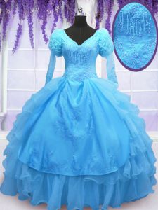 Fashion Long Sleeves Lace Up Floor Length Beading and Embroidery and Hand Made Flower Casual Dresses