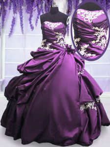 Super Sleeveless Taffeta Floor Length Lace Up Vestidos de Quinceanera in Purple with Appliques and Pick Ups