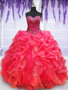 Clearance Red Ball Gowns Sweetheart Sleeveless Organza Floor Length Lace Up Beading and Appliques and Ruffled Layers Quinceanera Gowns