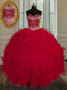 Hot Sale Ball Gowns Quinceanera Gown Red Sweetheart Tulle Sleeveless Floor Length Lace Up