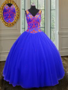 Most Popular Royal Blue Tulle Zipper Quinceanera Dress Sleeveless Floor Length Beading and Sequins