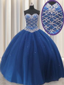 Sleeveless Tulle Floor Length Lace Up 15th Birthday Dress in Royal Blue with Beading and Sequins