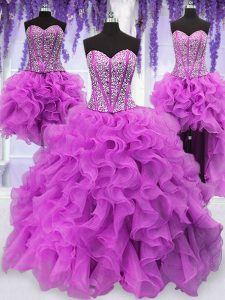 Adorable Four Piece Sleeveless Lace Up Floor Length Ruffles and Sequins Sweet 16 Dress
