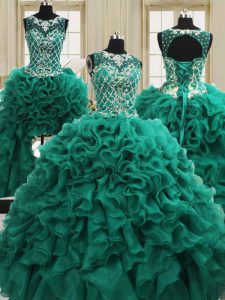 Dynamic Four Piece Scoop Dark Green Sleeveless Organza Lace Up Ball Gown Prom Dress for Military Ball and Sweet 16 and Quinceanera