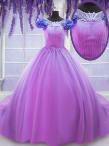 Scoop Short Sleeves Floor Length Hand Made Flower Lace Up Quinceanera Dress with Lilac