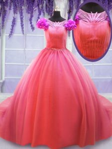 Glittering Tulle Scoop Short Sleeves Court Train Lace Up Hand Made Flower Sweet 16 Dress in Watermelon Red