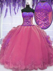 Top Selling Strapless Sleeveless Lace Up Ball Gown Prom Dress Hot Pink Organza