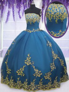 Custom Designed Strapless Sleeveless Zipper Ball Gown Prom Dress Teal Tulle