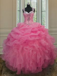 Most Popular Straps Baby Pink Sleeveless Floor Length Beading and Ruffles Zipper Quinceanera Dresses
