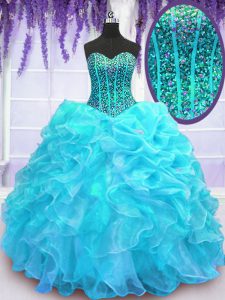 Aqua Blue Ball Gowns Organza Sweetheart Sleeveless Beading and Ruffles and Pick Ups Floor Length Lace Up Quince Ball Gowns