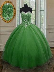Clearance Sleeveless Floor Length Beading and Ruching Lace Up Quinceanera Gown with Dark Green