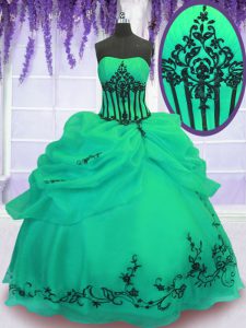 Organza Strapless Sleeveless Lace Up Embroidery Sweet 16 Dresses in Green