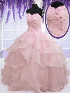 Vintage Baby Pink Ball Gowns Sweetheart Sleeveless Organza Floor Length Lace Up Ruffled Layers 15th Birthday Dress