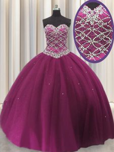 Fuchsia Lace Up Quinceanera Gown Beading and Sequins Sleeveless Floor Length