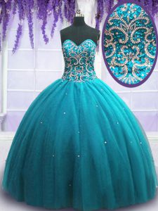 Stunning Teal Sleeveless Floor Length Beading Lace Up Quinceanera Gowns