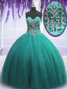 Beading Quinceanera Dress Turquoise Lace Up Sleeveless Floor Length