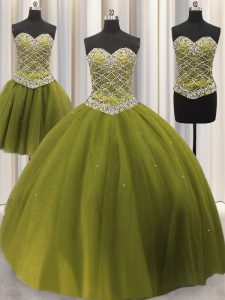 Dazzling Three Piece Sleeveless Tulle Floor Length Lace Up Sweet 16 Dresses in Olive Green with Beading and Sequins
