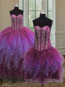 Beauteous Three Piece Multi-color Tulle Lace Up Vestidos de Quinceanera Sleeveless Floor Length Beading