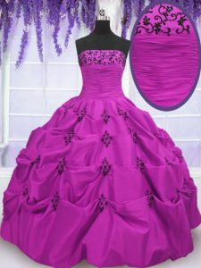 New Arrival Sleeveless Taffeta Floor Length Lace Up Quinceanera Gowns in Fuchsia with Embroidery and Pick Ups