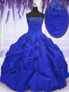 Admirable Royal Blue Taffeta Lace Up Strapless Sleeveless Floor Length 15th Birthday Dress Embroidery and Pick Ups