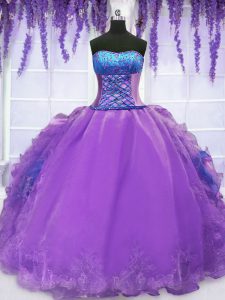 Spectacular Purple Strapless Lace Up Embroidery and Ruffles Quinceanera Dresses Sleeveless