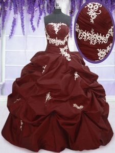 Noble Burgundy Sleeveless Floor Length Appliques and Pick Ups Lace Up Quinceanera Gown