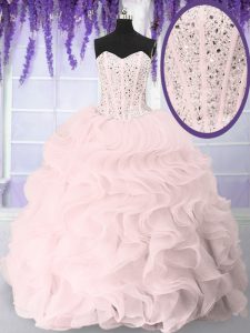 Luxurious Ball Gowns Quinceanera Dresses Pink Sweetheart Organza Sleeveless Floor Length Lace Up
