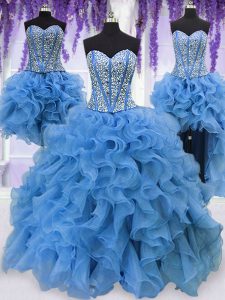Four Piece Blue Lace Up Sweet 16 Quinceanera Dress Ruffles and Sequins Sleeveless Floor Length