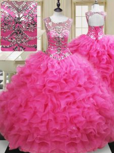 Scoop Hot Pink Sleeveless Floor Length Beading and Ruffles Lace Up Sweet 16 Quinceanera Dress